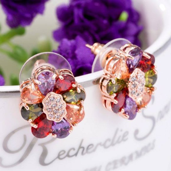 18K rose gold plated multi colorful AAA Zircon Stud Earrings - Picture 1 of 4